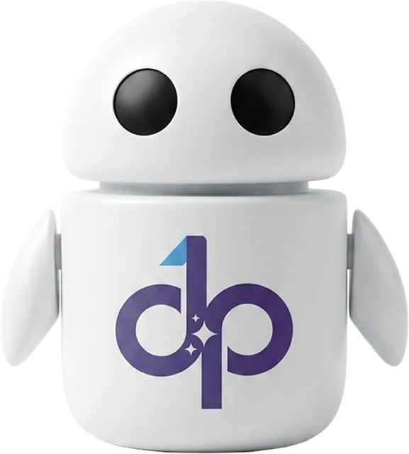 Infinity, the DocuPOW robot mascot — a friendly white robot with large round eyes and the purple dp monogram on its chest