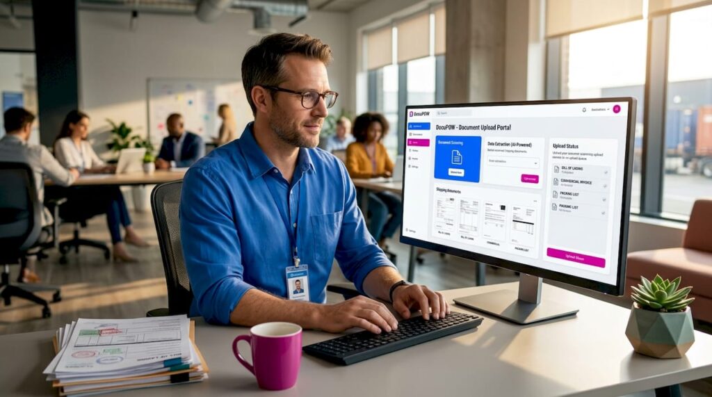 Customs broker uploading shipping documents in office