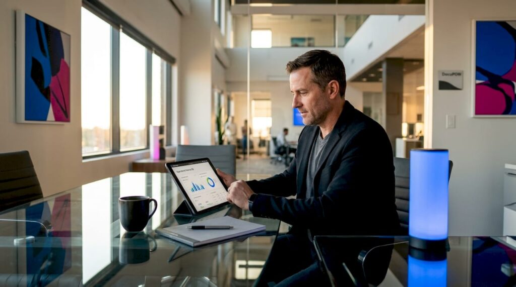 Business leader reviewing digital operations data