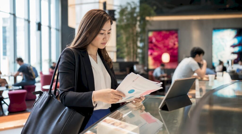 Woman sorting documents at office table