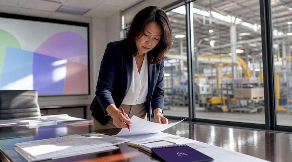 Woman reviewing manufacturing documents with pen