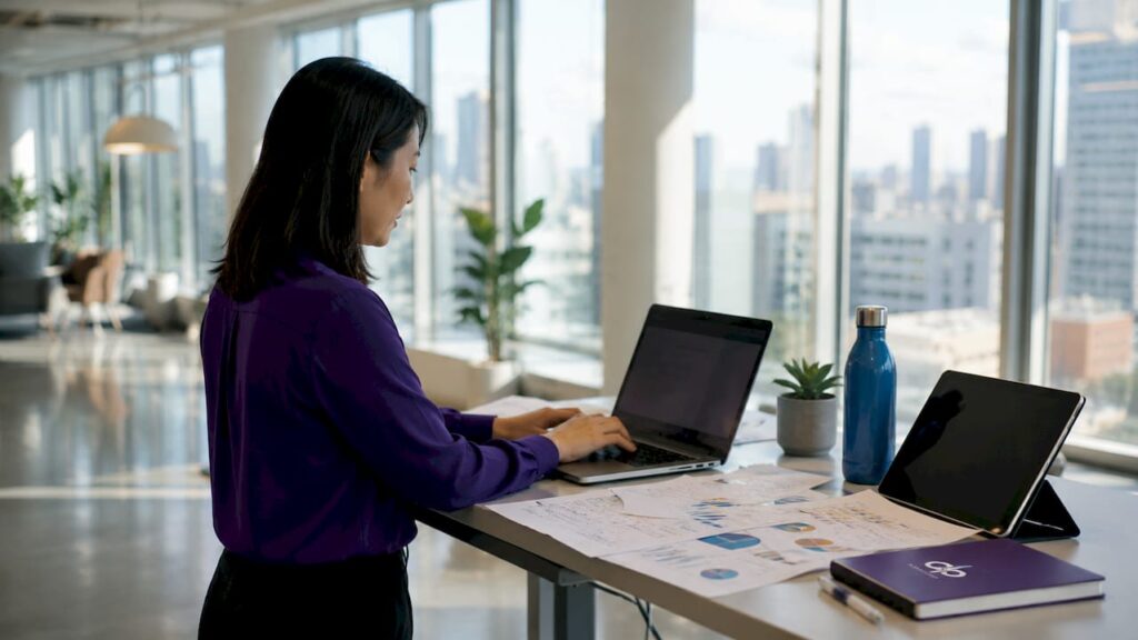 Woman working on AI document processing laptop