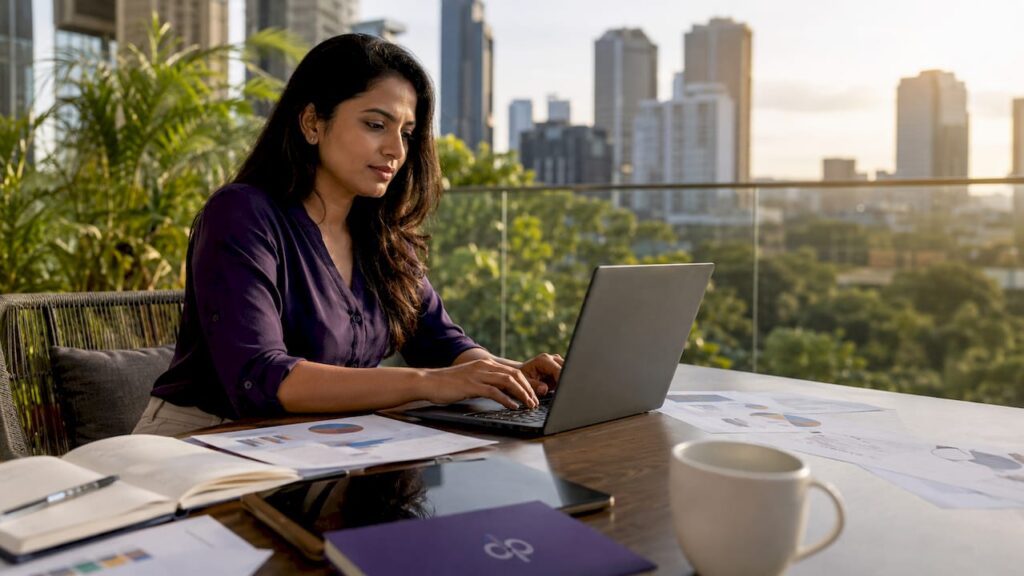 Woman working on AI automation dashboard in office