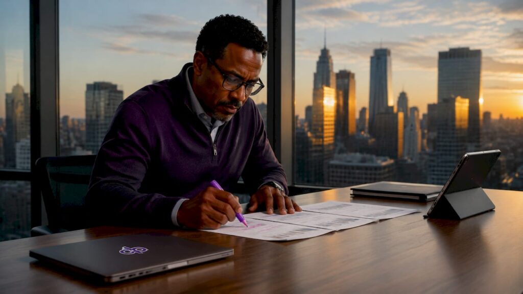 Business professional reviewing printed documents at desk