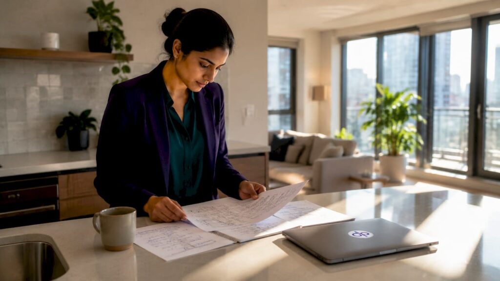 Woman reviewing AI agent development notes