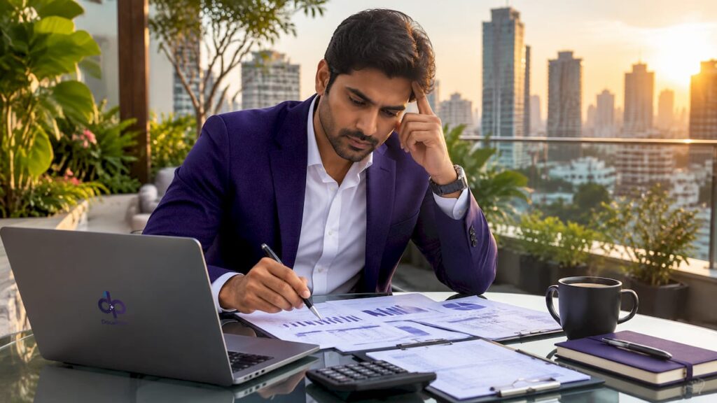 Financial manager reviewing job cost reports at desk