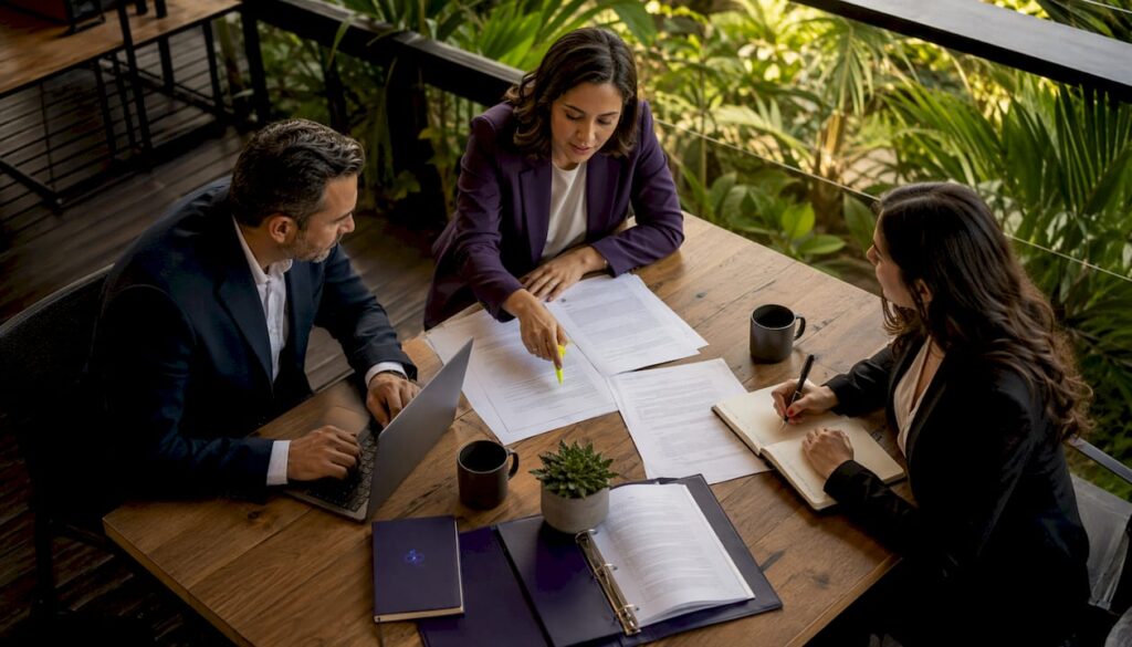 Legal team analyzing documents collaboratively