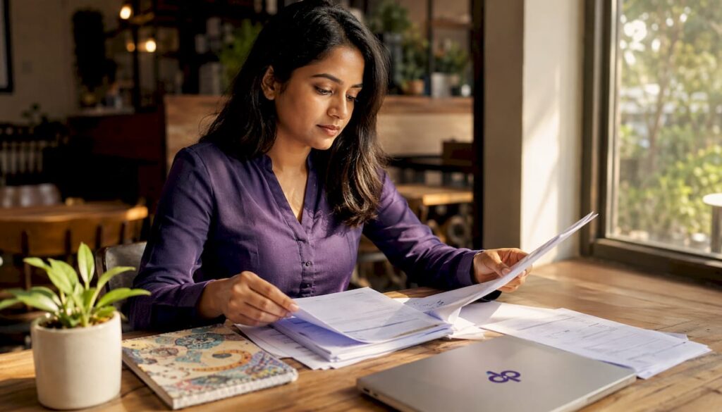 Woman reviewing enterprise form documents at desk