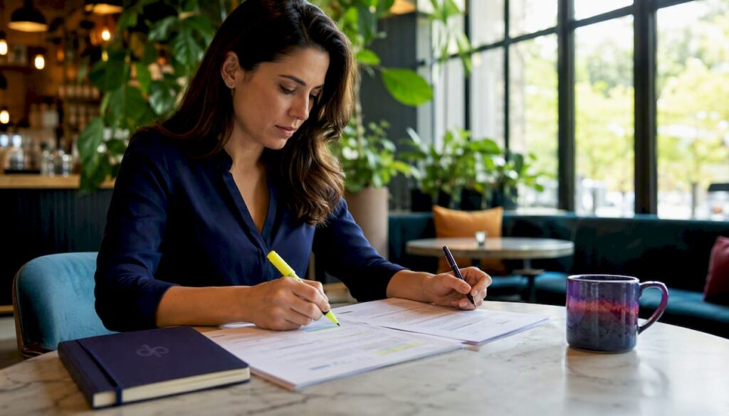 Woman reviewing compliance documents at desk