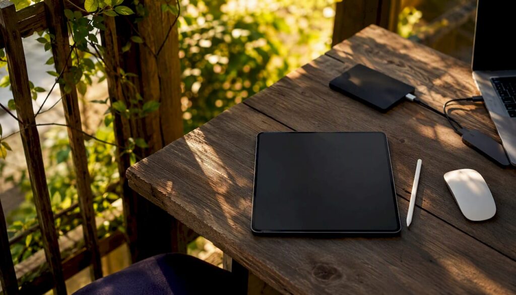 Digital workspace with tablet and accessories