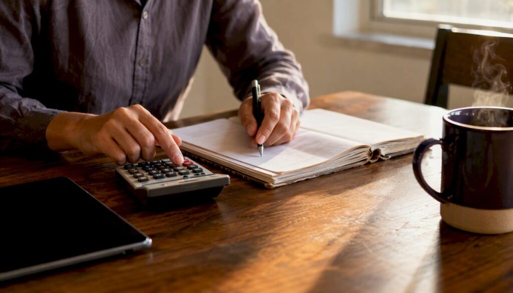 Hands calculating cost reduction on ledger