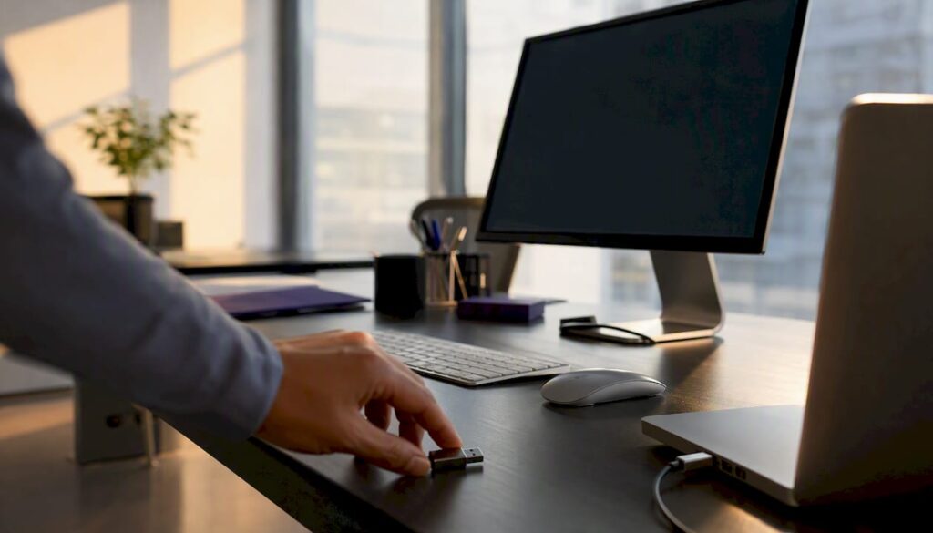 Workspace during audit preparation with hand and USB thumb drive
