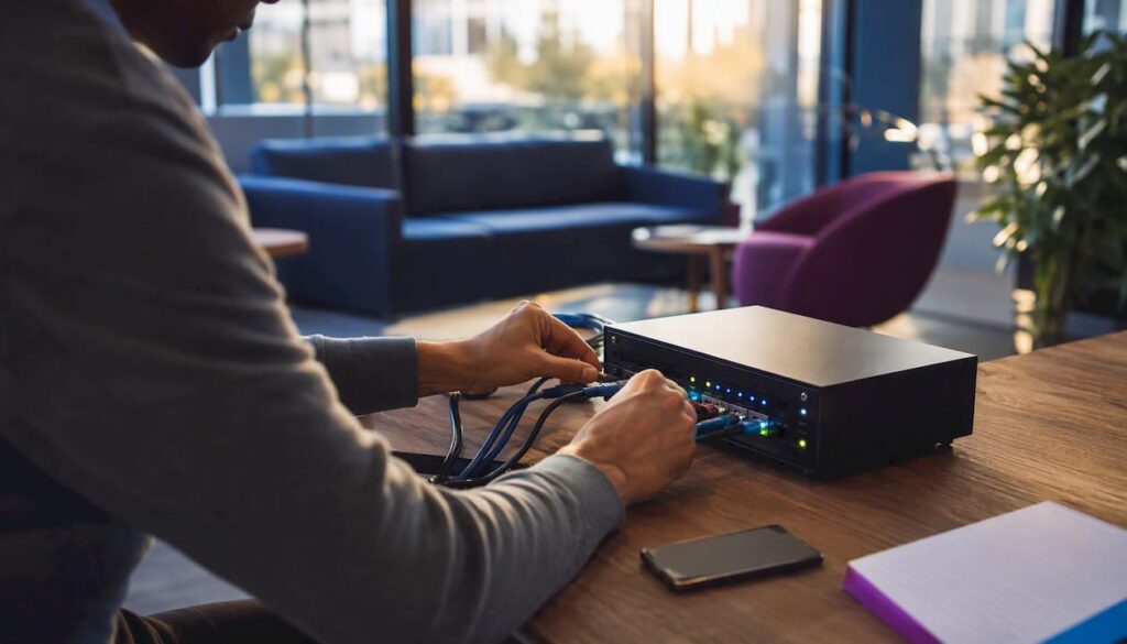 Hands connecting network cables on control unit
