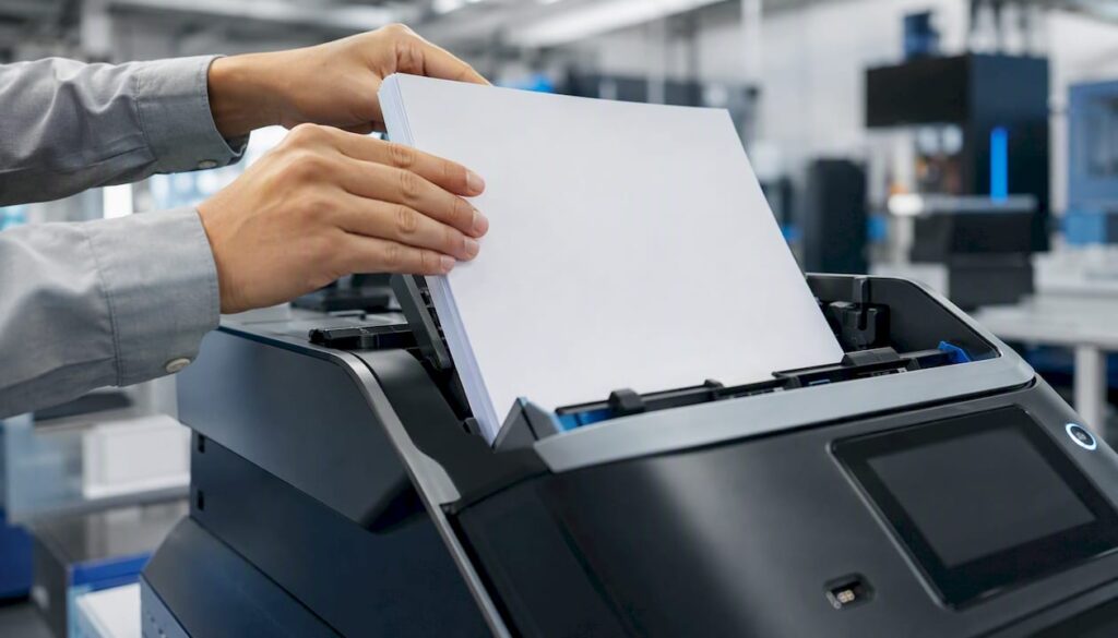 Hands loading blank paper into document scanner