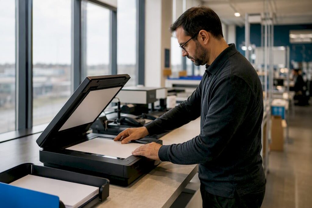 Hands placing document into scanner