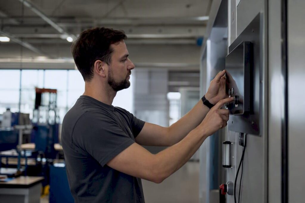 Hands connecting cables to control panel