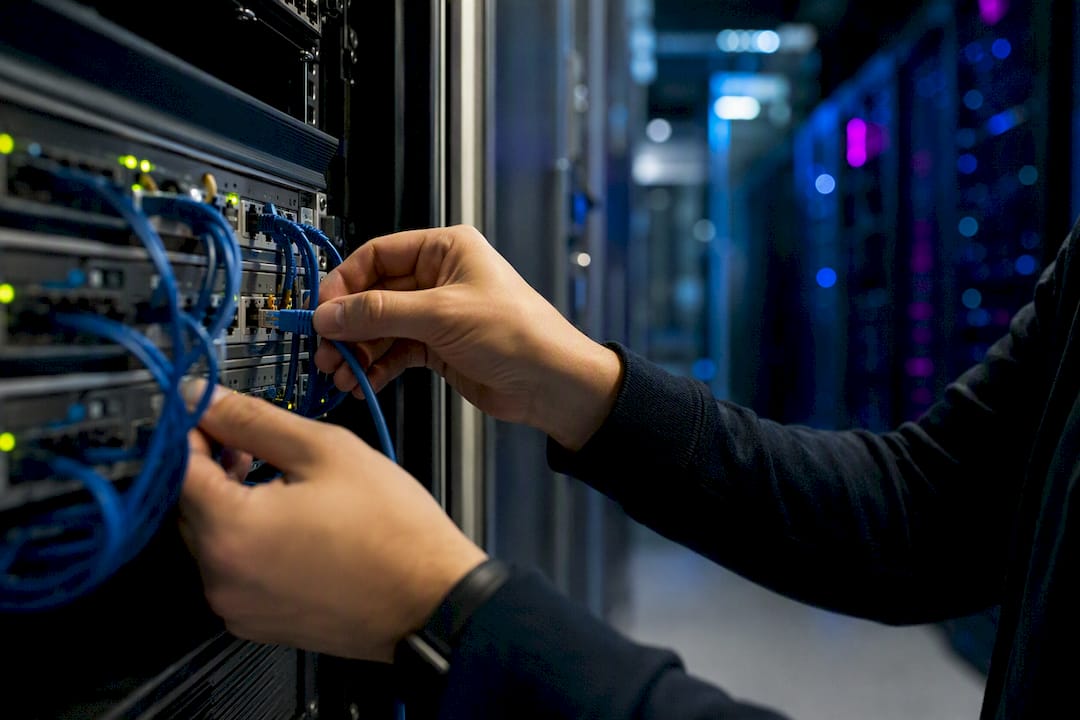 Hands securing audit log server cables