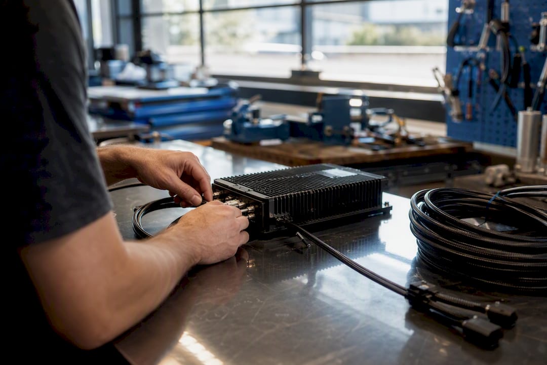 Hands calibrating AI vector search device