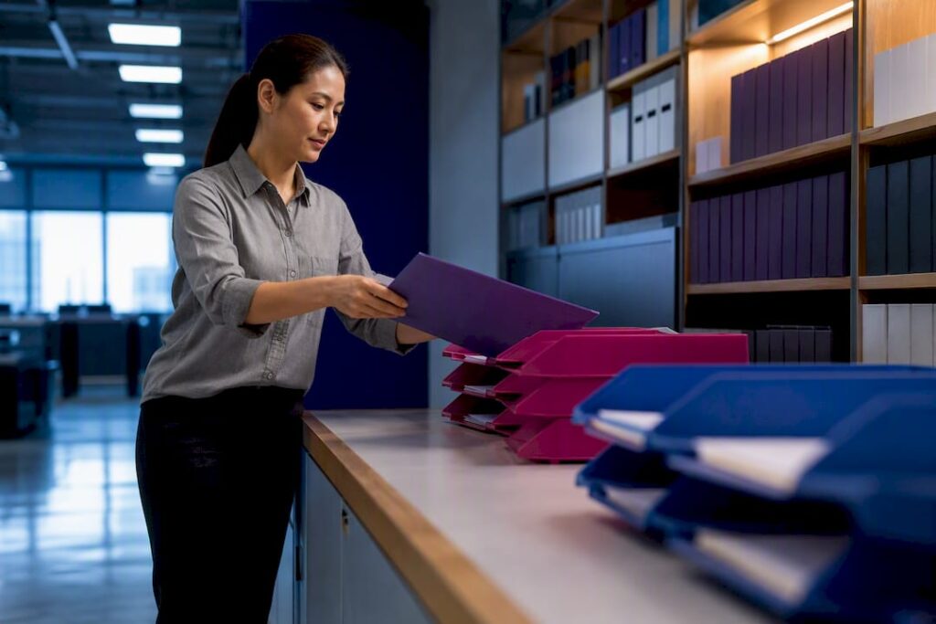 Coordinator organizing documents in workflow trays