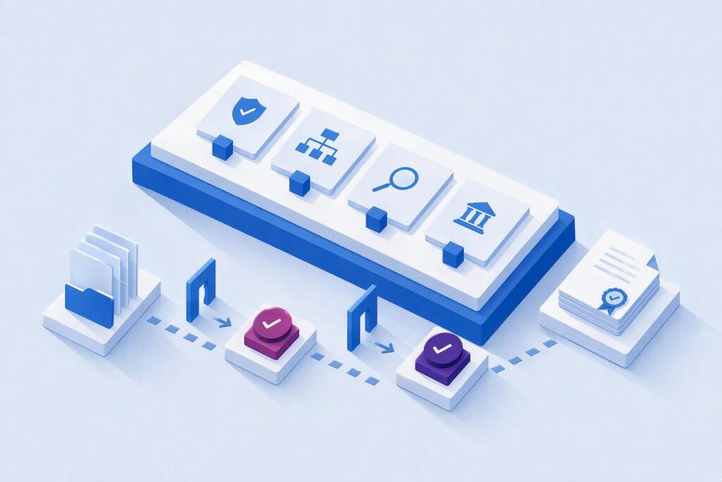 Isometric illustration of governed compliance workflow
