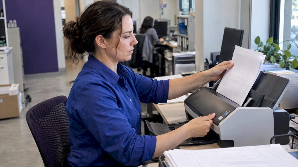 Shipping forms being fed into a scanner